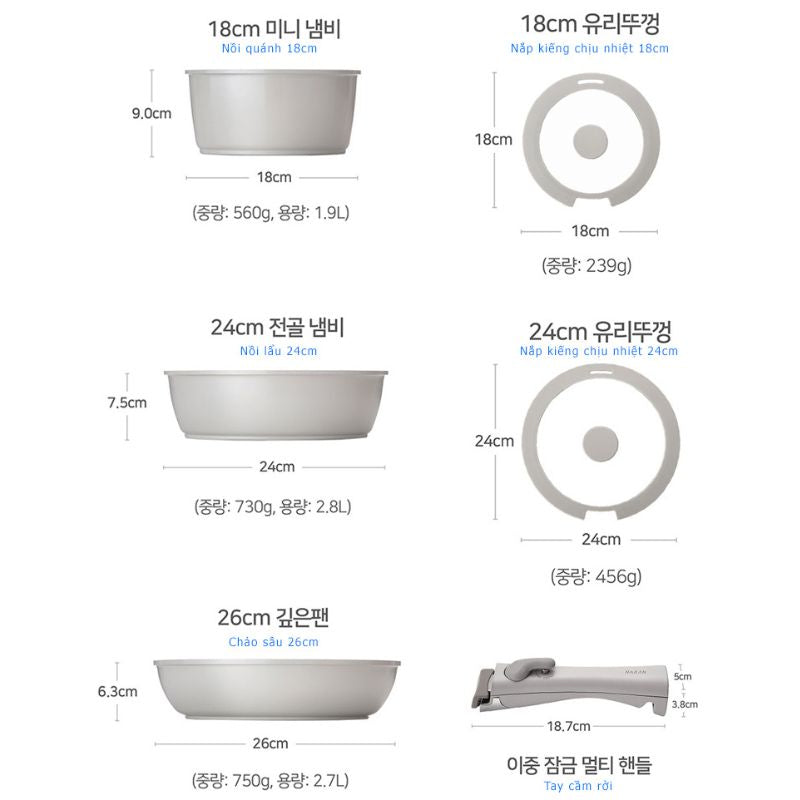 Bộ nồi Ceramic tay cầm rời hiệu PN BNCPT-SET [6 món]