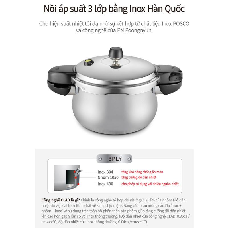 Nồi áp suất Inox 3 lớp IH hiệu PN HNHPC-10(IH) [6.0L]