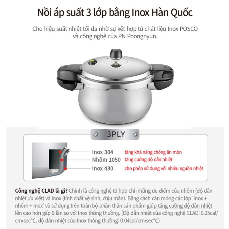 Nồi áp suất Inox 3 lớp IH hiệu PN HNHPC-10(IH) [6.0L]